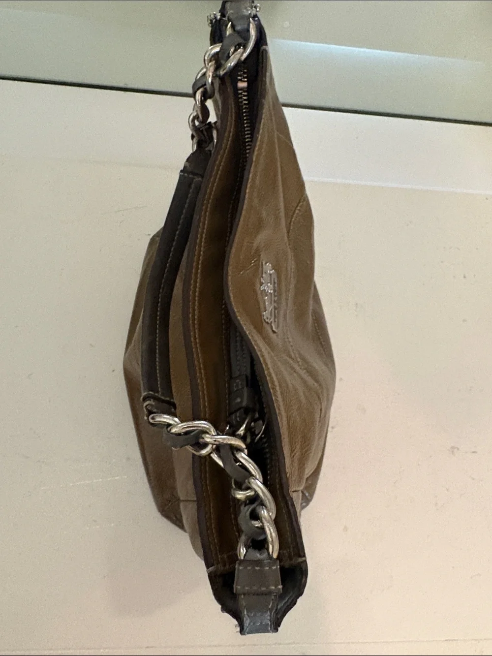Coach Olive Brown Pebbled Leather Shoulder Bag with Chain Strap